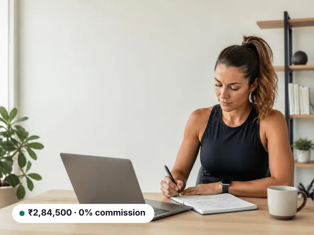 Fitness coach planning at her desk, with a revenue card showing 0% commission