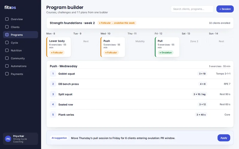 Programs – FitxOS program builder: weekly sessions tagged by cycle phase with an AI scheduling suggestion