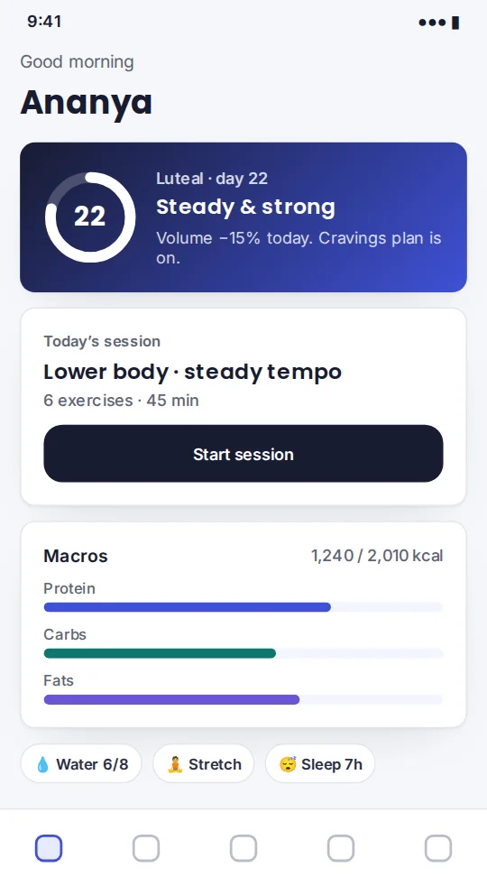 FitxOS student app home: cycle day, today's session, macros and habits